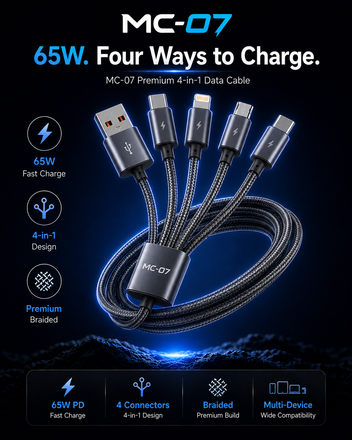 MC-07 Premium 4-in-1 Data Cable - 65W Power
